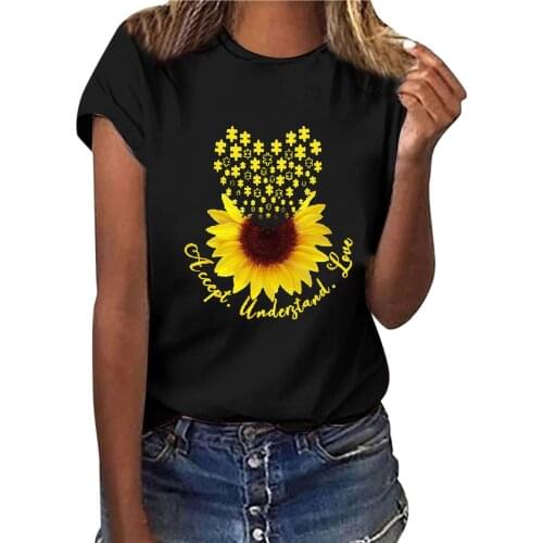 Accept Understand Love Sunflower Print Women Tshirts Short Sleeve Loose Tee Shirt Female Harajuku Tops Summer Aesthetic Clothes