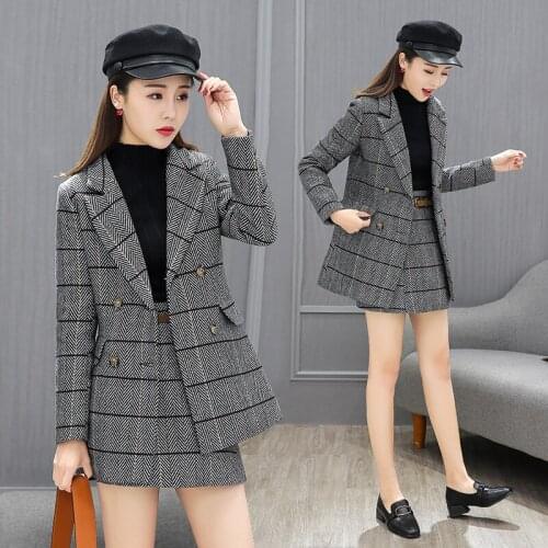 Korean fashion plaid suit womens spring and autumn new Slim suit jacket mini skirt fashion temperament two-piece TB1820