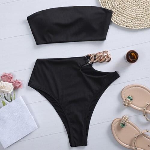 Metal Chain Ribbed Female Bandeau Swimsuit High Waist Bikini Women Swimwear Two-pieces Bikini set Asymmetric Bathing Suit Swim