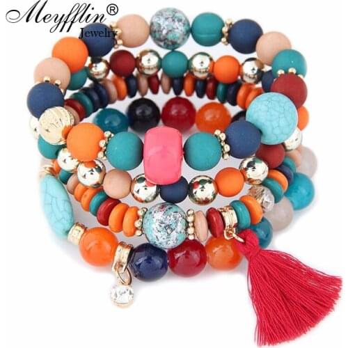 Meyfflin Charm Bracelets for Women 2020 Fashion Resin Beads Elastic Bracelet Boho Jewelry Multilayer Pulseira Masculina