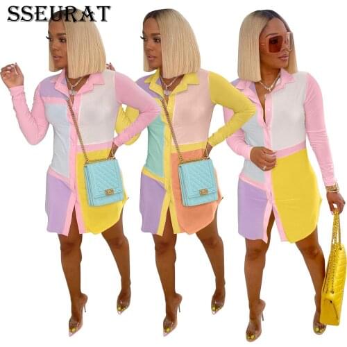 SSEURAT Women Dress Patchwork Full Sleeve Turn-down Collar Single Breasted Straight Above Knee Dresses Office Lady Casual Outfit