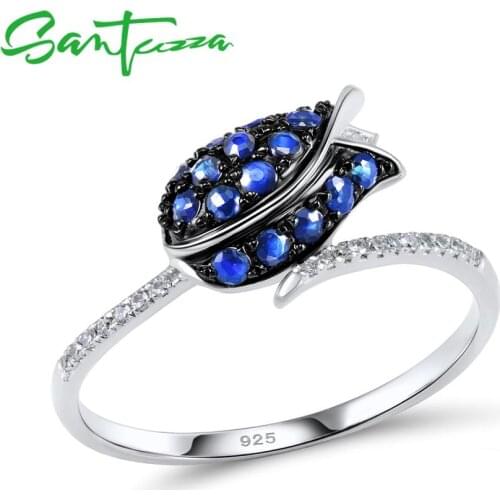 SANTUZZA Silver Ring For Women 925 Sterling Silver Full Of Love tulip Flower Ring Blue Nano Cubic Zirconia Ring Fashion Jewelry