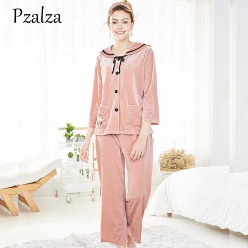 Sailor Collar Velvet Pajamas For Women Winter Autumn Cat Cute Pajamas Night Sleepwear Womens Pink Blue Female Pajama Set Suit