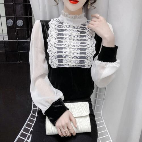 Blouse Women Shirt Stand Collar Stitching Lace Female 2021 Spring Puff Sleeve Top Blusas Mujer De Moda