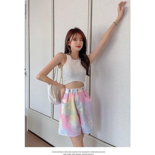 Colored tie-dye pants 5-point shorts female net red jeans super hot five-point pants loose wide-leg pants