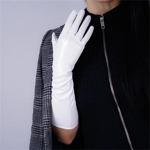 40cm Patent Leather Gloves Long Section PU Emulation Leather Warm Bright Leather Mirror Creamy Beige Cream Female PU46-40