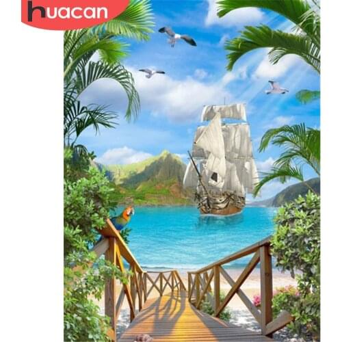 HUACAN 5D Diamond Embroidery Seaside Cross Stitch Full Square New Arrival Diamond Painting Landscape Mosaic Sailboat Wall Art