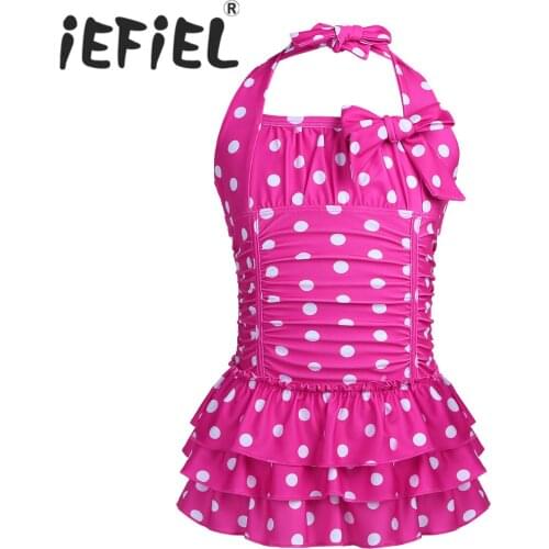 IEFiEL Kids Girls One-piece Adjustable Halter Polka Dots Ruched Tiered Swimsuit Swimwear Bathing Suit for Beach Wear Swim Sets