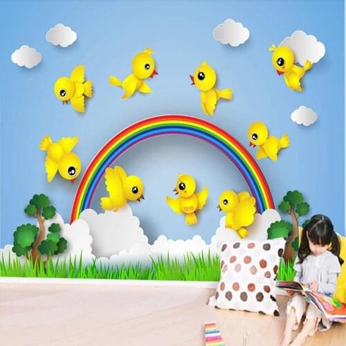 Custom 3D photo wallpaper cartoon bird rainbow mountain childrens room kindergarten paradise wall decoration wallpaper mural