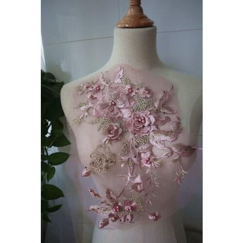Nude pink with gold 3D embroidered Lace applique, coffee 3D flower bridal Lace Applique costume wedding garment accessories