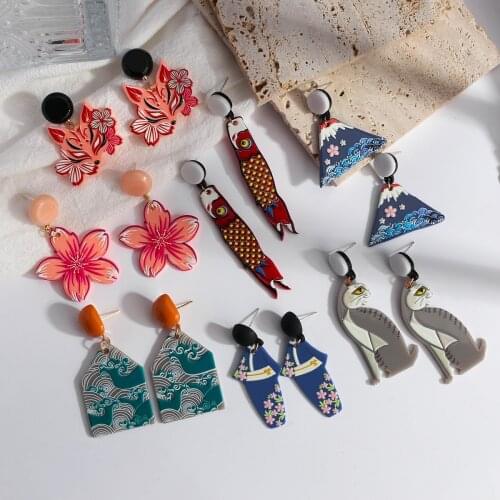 Lifefontier Japan Cartoon Graffiti Acrylic Earrings for Women Cute Fish Fox Animal Flower Resin Drop Earrings Fashion Jewelry