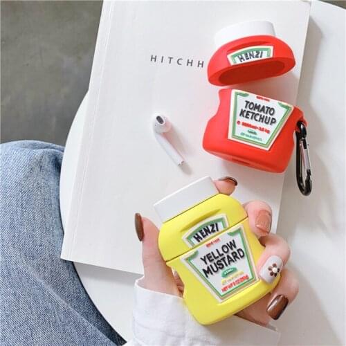 Cute 3D Mustard Sauce Ketchup Bottle Shape Earphone Cases with Keychain for Airpods Pro Cartoon Soft Covers for Airpod 1/2