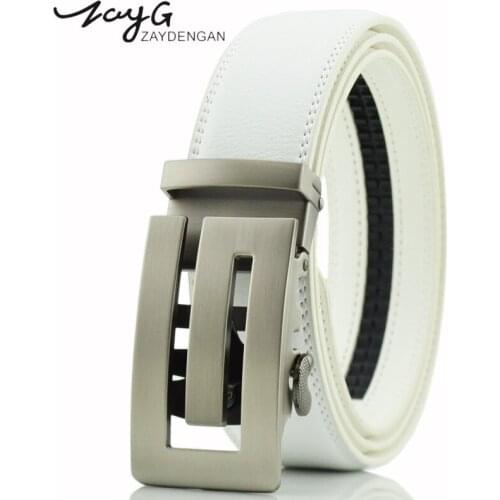 ZAYG Fashion Designer Men Alloy Automatic Steel Buckle White Belts Men High Quality Classic Leisure Ratchet Sliding Buckle