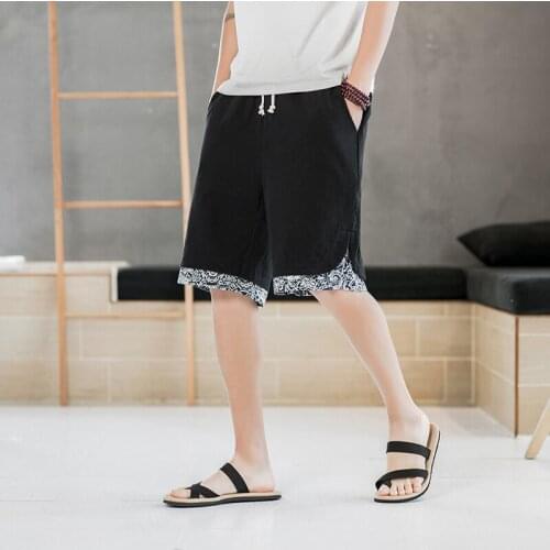 Men Summer Straight Five-point Harem Pants Chinese Style Printing Casual Home Splicing Elastic Band Pockets Beach Shorts M-5XL