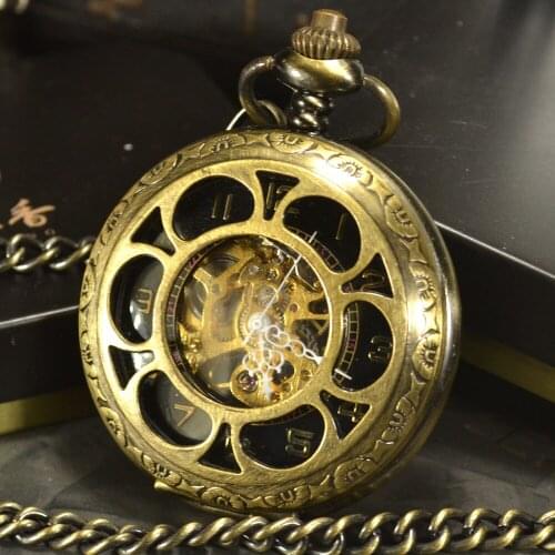 Steampunk Skeleton Dial Bronze Case Male Relogio De Bolso Retro Roman Numerals Chain Clock Men Mechanical Pocket Watch Necklace