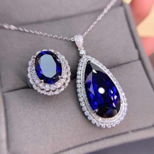 Natural Sapphire Large Particles Gemstone Ring and Necklace for Women S925 Sterling Silver Fine Fashion Party Jewelry SetMeibaPS