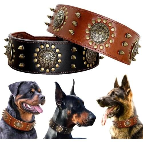 JOYLIVE Pet Collar Leather Large Dog Collar Pitbull Spiked Studded Collar For Medium Large Big Dog Genuine Leather Durable