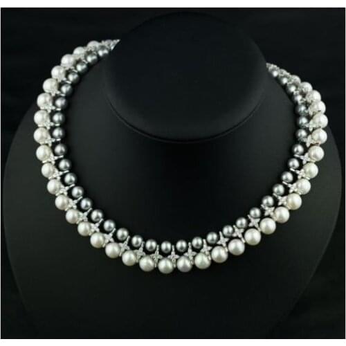 Double trands 9-10mm south sea round white grey pearl necklace 17"18"