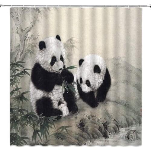 Panda Shower Curtains Cute Wild Animal Eat Bamboo Leaves China Protects Animals Painting Pattern Bathroom Curtain Polyester