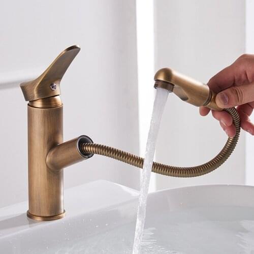 Basin Faucets Brass Gold Pull Out Bathroom Sink Faucet Swivel Single Handle Spout Deck Mounted Vessel Mixer Water Tap Antique