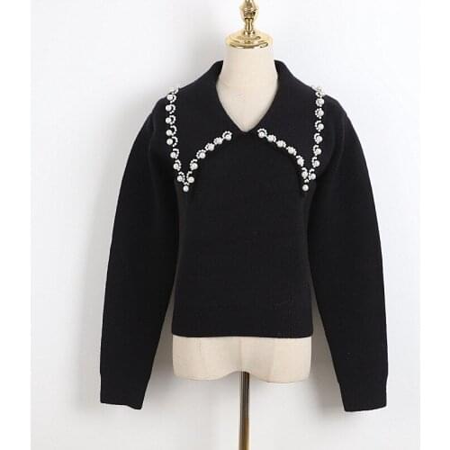 Knit Sweaters Women Pullover Sweater Top Beads White Long Sleeve Black