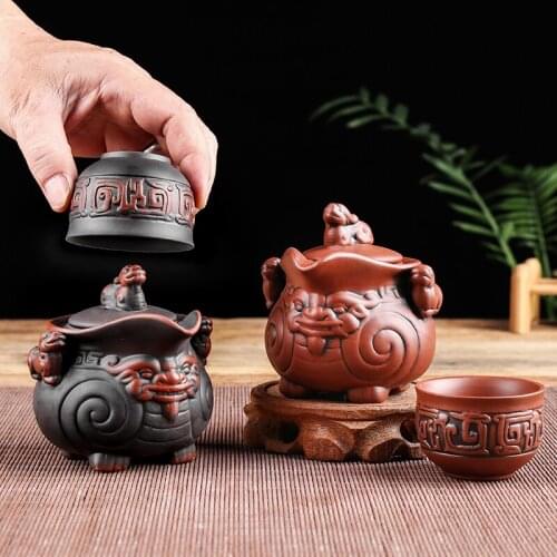 Zhaocai hand holding teapot Zisha teapot four feet Wangcai retro single teapot one character teapot auspicious meaning 160ml