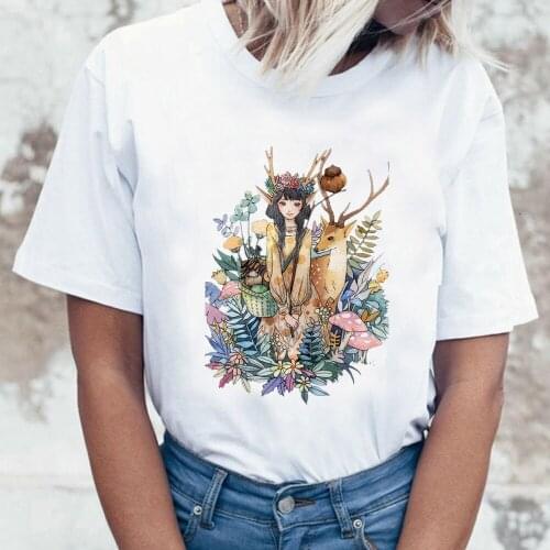 Korean Style Summer Tops Women 2020 Cute Elk Deer Graphic T-shirt Female Casual O-neck Animal Print White Tee Aesthetic Clothes