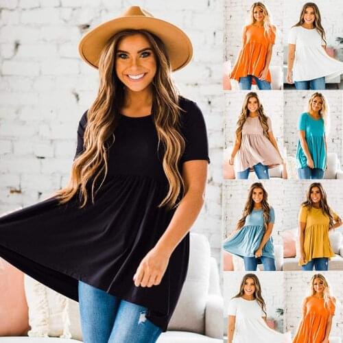 2021 new spring cross border large womens independent station popular casual round neck Pullover short sleeve pleated T-shirt