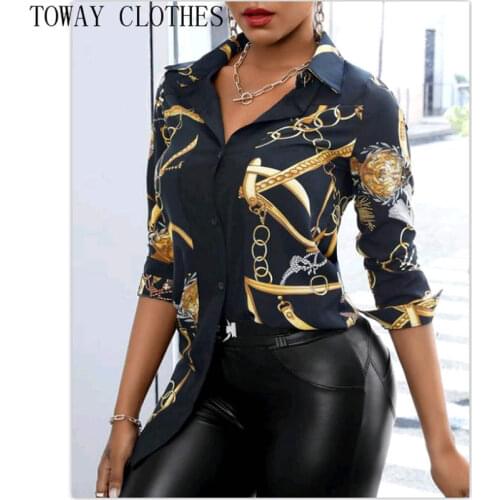 Women Turn-down Collar Chain Scarf Print Button Design Shirt Workwear Casual Blouse Shirt Women