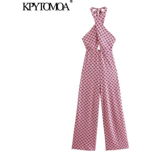 KPYTOMOA Women 2021 Fashion With Bow Tied Geometry Print Jumpsuits Vintage Sleeveless Backless Female Playsuits Mujer
