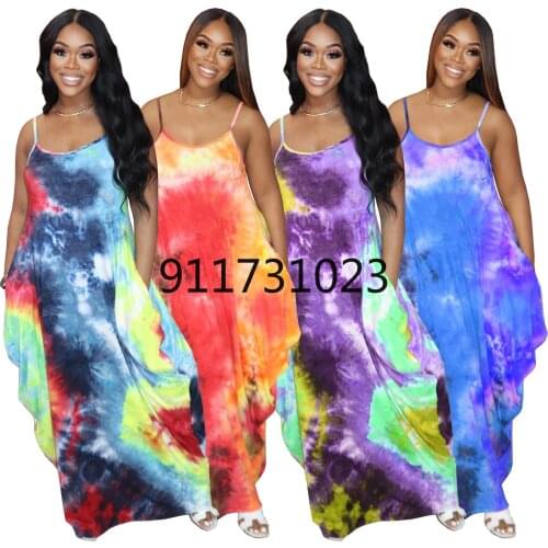 2021 Summer Women Maxi Dress With Pockets Fashion Spaghetti Strap Tie Dye Print Casual Sleeveless Night Club Party Loose Dresses