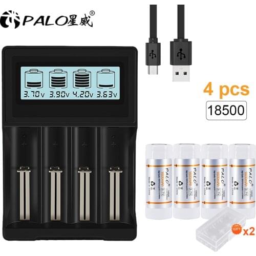 PALO 4pcs 1600mAh 3.7V 18500 Rechargeable Lithium Li-ion Batteries For LED Flashlight+14500 18650 18500 3.7V battery charger