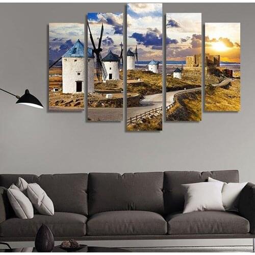 5 Pieces Wall Art Canvas Painting Nature Scenery Poster Windmills Of Don Quixote At Sunset Modern Decoration Home