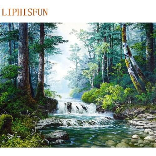 Diamond Painting Cross Stitch Full Square Round Picture of Rhinestone DIY Mosaic Embroidery Waterfall Forest New Year Gift