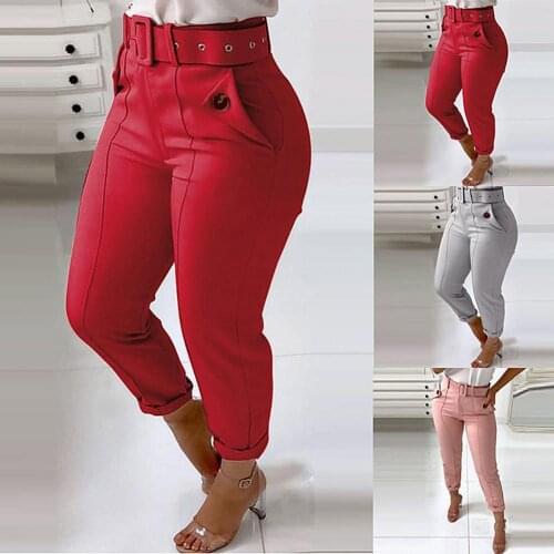 Women Cotton Pencil Pants Skinny Trousers Button Belt High Waist Elastic Ladies Streetwear Pockets Long Pants Solid Trousers