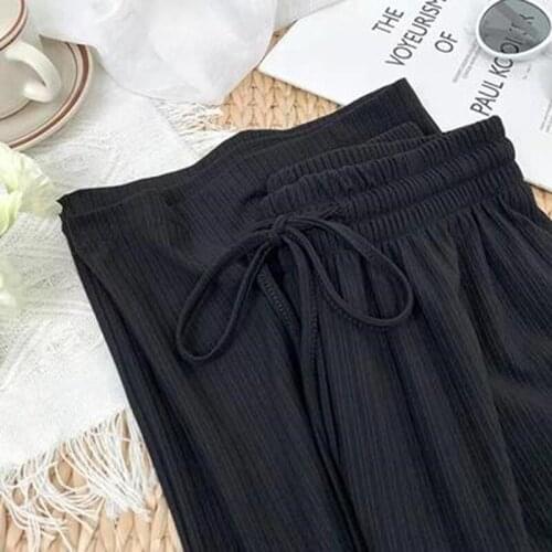Slacks Womens Loose Summer Pants Soft Ice Silk Ankle-Length Black Wide Leg Pants Grey Khaki Women High Waisted Trousers
