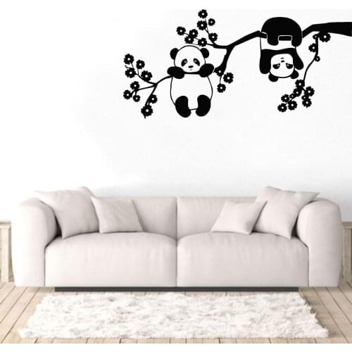 Two Cute Panda Playing On Branch Mural Wall Decal Animal Sticker for Home Living Room Decoration Removable A002367