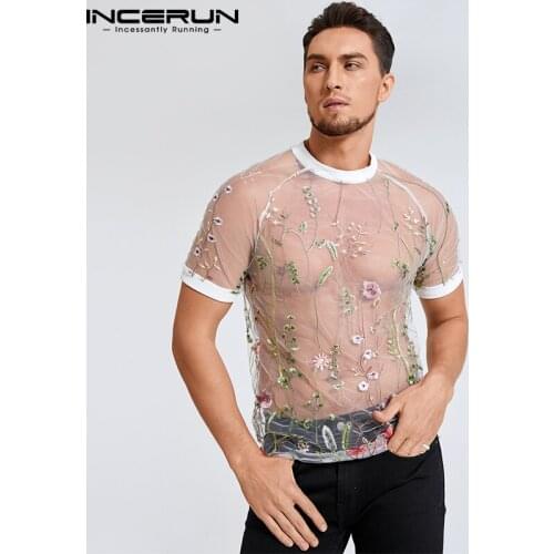 INCERUN 2021 Men Mesh T Shirt Embroidered Sexy O Neck Short Sleeve Tee Tops See Through Streetwear Casual Camiseta Masculina 5XL