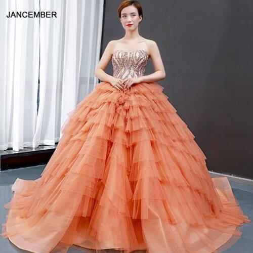 J66934 Jancember Orange Formal Dresses Evening Cake 2021 Strapless Sleeveless Lace Up Back Ball Gown