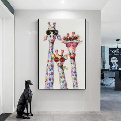 Giraffe Family with Glasses Painting Print on Canva Art Pictures Animals Street Art Posters and Print for Kid Room Decor Cuadros