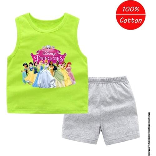 Disney Princess Summer Children Baby Girls Casual Sleeveless Printed Cartoon Vest Tops+Shorts Suits Costume Set