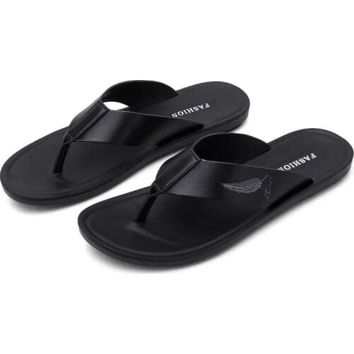 Summer Mens Sandals Real Leather Clip Toe Flip Flops Sandals Fashion Comfortable Antiskid Beach Shoes Black