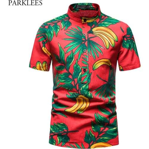 Fashion Banana Print Hawaiian Shirt Men Short Sleeve Baggy Cotton Linen Beach Shirts Mens Stand Collar Button Top Shirt Chemise