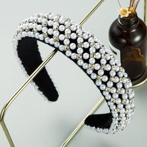 New Arrived Handmade Diamond Pearl Baroque Headband Crystal Bling Padded Hairband Women Elegant Hair Accessories