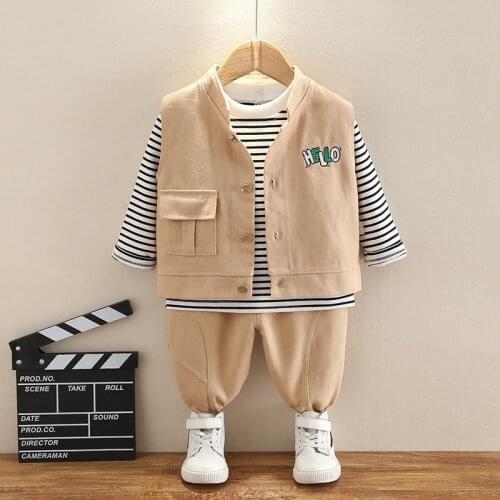 Boys clothes new fashion 2021 spring and autumn male baby English printing tooling vest striped T-shirt three-piece suit