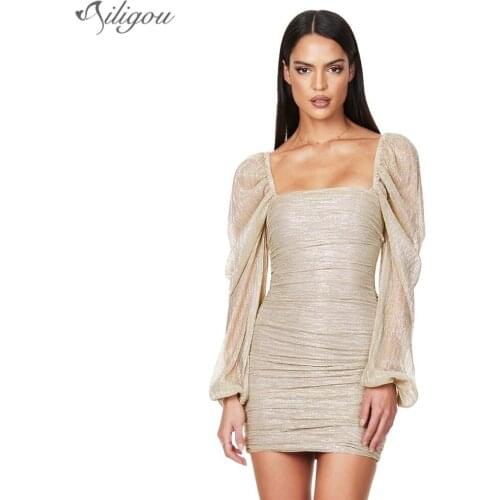 Ailigou New Ladies Lantern Sleeve Mini Dress Glittering Sequins Draping Skinny Sexy Party Elegant Streetwear Club Party Dress