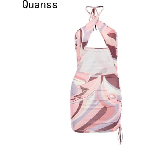 Quanss Summer Sleeveless Halter Sexy Mini Dress Women Backless Bodycon Party Club Hollow Out Outfits Draw String Sundress 2021