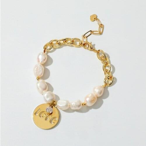 Luxury 14K Real Gold Plated Love Pendant Bracelets For Women Half Freshwater Pearl Half Chain Zircon Bracelets Jewelry