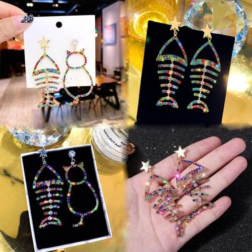 Exknl Fish Bone Cat Luxury Colorful Rhinestone Fashion Drop Earrings for Women Star Korean Long Wedding Earrings Jewelry 2020
