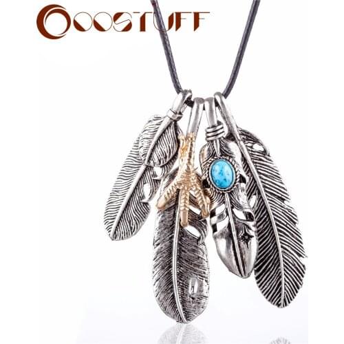 Vintage Silver Color Feathers Pendants Long Necklace for Women Black Rope Chain Chokers Antique Jewelry Suspension Accessories